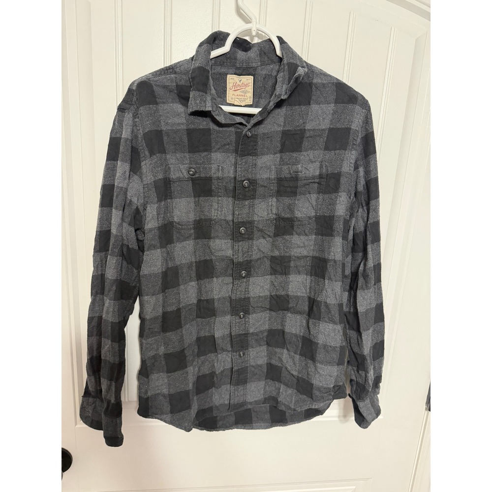 American Eagle Flannel Mens M Heritage Flannel Buffalo Check Grey Black EUC